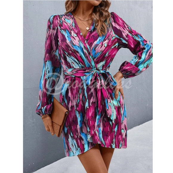 Printed Blue Purple Pink Wrap Short Dress Tie Belt Long Lantern Sleeve - Picture 6 of 10